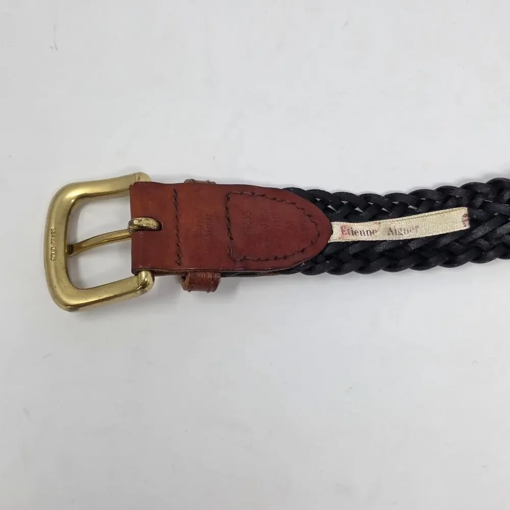 VTG Etienne Aigner Brown Woven Leather Belt Womens Medium Brass Buckle Logo
